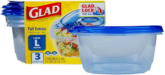 Glad GladWare Tall Entrée Food Storage Containers | Large Square Containers for Food Hold up to 42 Ounces of Food, 3 Count | Strong and Sturdy Large Food Storage Holders