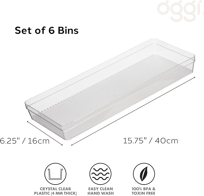 Oggi Clear Drawer Organizer - 6.25" X 15.75" (Set of 6) - Ideal for Organizing Kitchen Drawers, Office, Desk, Silverware, Kitchen Utensils, Cosmetics and Bathrooms