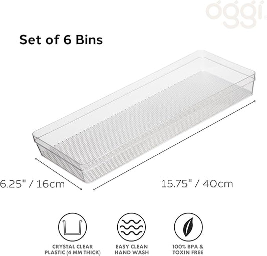 Oggi Clear Drawer Organizer - 6.25" X 15.75" (Set of 6) - Ideal for Organizing Kitchen Drawers, Office, Desk, Silverware, Kitchen Utensils, Cosmetics and Bathrooms