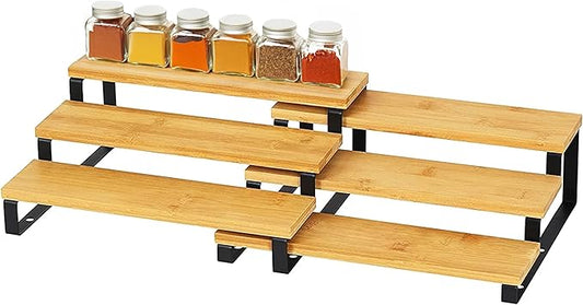 RoyalHouse Bamboo and Metal Expandable Spice Rack Organizer, Cabinet Shelf Organizers, 3-Tier Adjustable Kitchen Cabinet, Countertop Display Shelf, Space Organizer for Kitchen and Bathroom