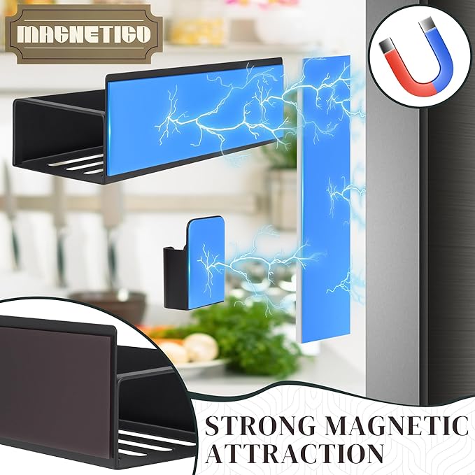 4-Pack Magnetic Spice Rack Set with Hooks, Grocery Notepad & Pen - Space-Saving Kitchen Organizer for Spices & Jars