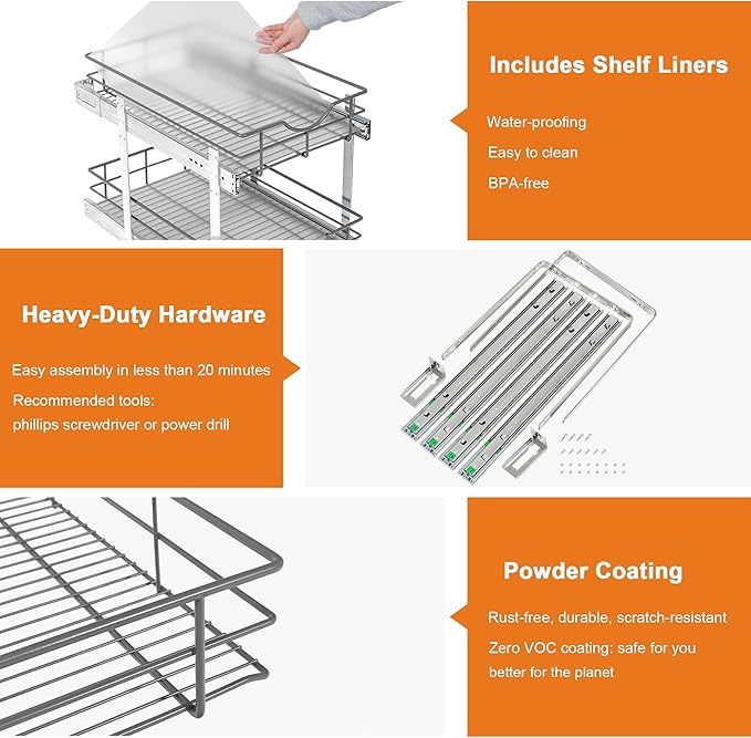 ALINE FURNITURE 2-Tier Pull Out Cabinet Organizer - 23" W x 22" D Soft Close Pullout Shelves for Kitchen Cabinets - Slide Out Drawers, Heavy Duty Steel Wire