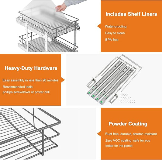 ALINE FURNITURE Pull Out Cabinet Organizer 2-Tier - Soft Close 11" W x 22" D Pullout Shelves for Kitchen Cabinets - Slide Out Drawers, Heavy Duty Steel Wire