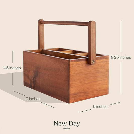 Acacia Wood Utensil Caddy with Handle, Wooden Silverware Holder, Multi-purpose Organizer for Kitchen, Office, Bathroom, Bedroom