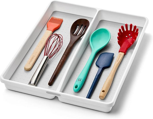 madesmart Premium Antimicrobial Classic Large Utensil Tray, Soft Grip, Non-Slip Kitchen Drawer Organizer, 2 Compartments, Multi-Purpose Home Organization, EPA Certified, White