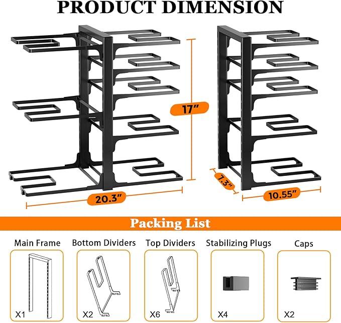 Pots and Pans Organizer Under Cabinet, Heavy Duty 8 Tier Pan Organizer–Carbon Steel Pan Rack, No Assembly Required, Perfect for Cast Iron Skillets, Dutch Ovens, Frying Pans, Pots, and Trays