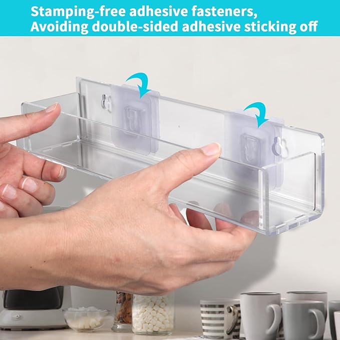 Acrylic Spice Rack Attached to the Wall for Kitchen Cabinet Doors or Hanging spice rack, RV spice rack, Hook & Loop, Bid Farewell to Dislodging Wall Mounted Acrylic Removable Rack (2 Pieces - Clear)