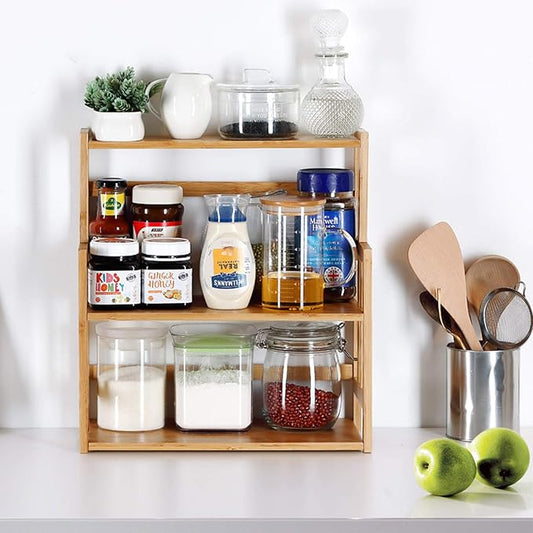 HYNAWIN Bamboo Spice Rack Kitchen Countertop Organizer Storage Shelves-3 Tier Standing Pantry Shelf with Adjustable Shelf