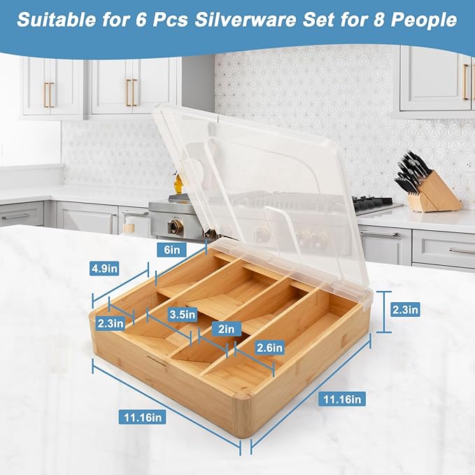 Bamboo Silverware Tray with Lid, 7 Compartments Compact Bamboo Utensil Organizer for Kitchen Drawers Countertop, Dust-proof Sturdy Flatware Organizers and Storage Holder with Labels