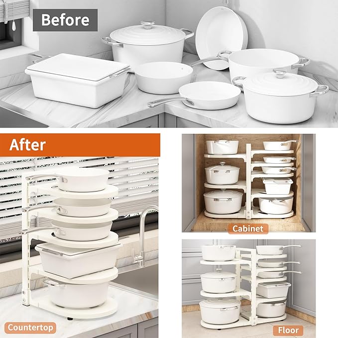 Adjustable Heavy Duty Pots and Pans Organizer Under Cabinet, 8-Tier Pot and Pan Organizers Inside Cabinet, Kitchen Cabinet Organizers and Storage, White