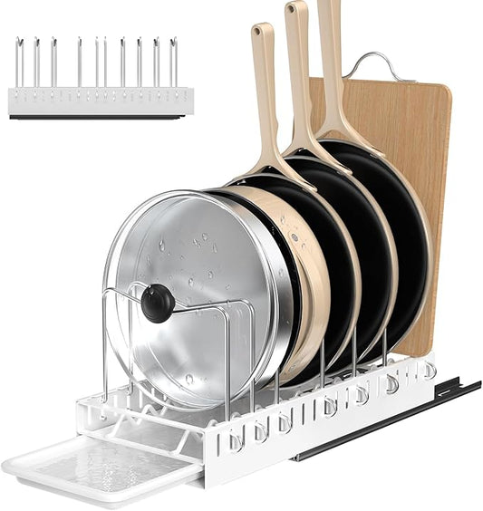 Pull Out Pots And Pans Organizer Under Cabinet,Pot Organizers Inside Cabinet,Pot Lid Holders & Pan Rack With Drain Tray,10 Adjustable Dividers(White)