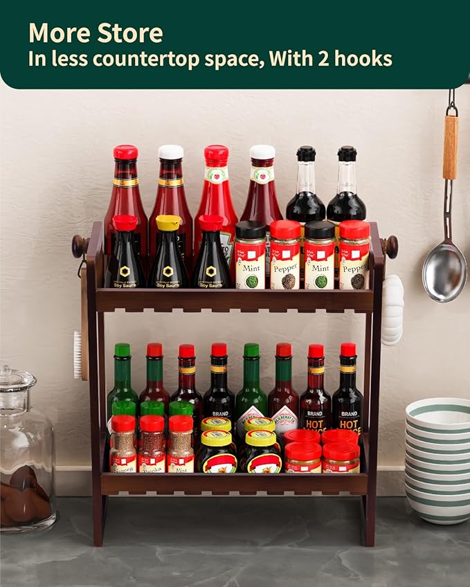 Countertop Organizer, Bamboo Spice Rack Organizer for Pantry, 2 Tier Kitchen Counter Shelf, Coffee Station Organizer,Teak