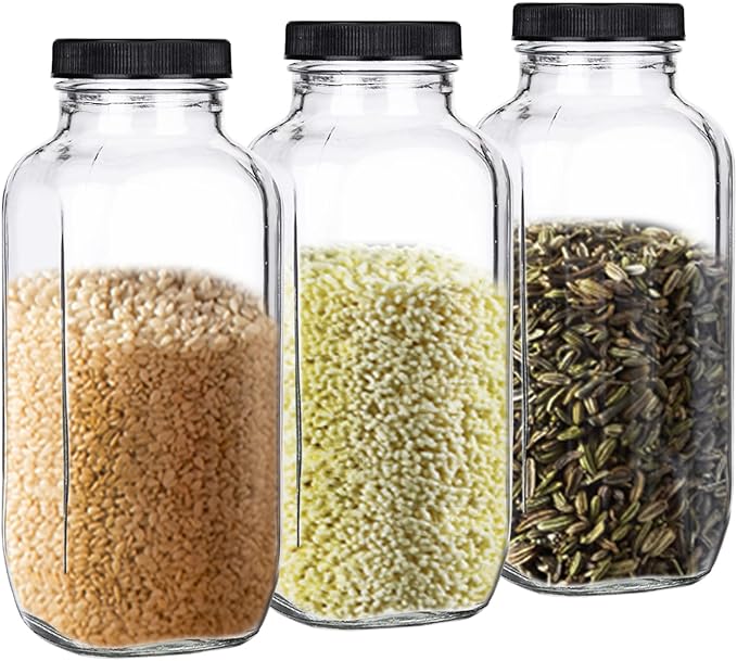 Yarlung 12 Pack 17Oz French Glass Spices Jars with Plastic Lids, Clear Square Water Juice Bottles for Storing Herbs, Condiments, Cereals, Milk, Beverages, Kitchen, Pantry, Office