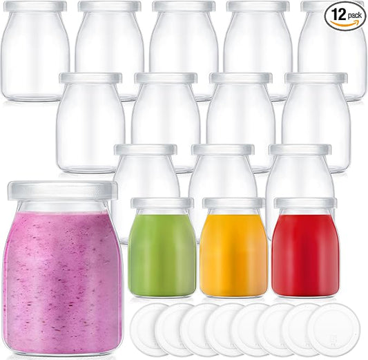 Zubebe 12 Pack Small Glass Milk Bottles Clear Mini Party Bottles with Lids Glass Juice Jars Reusable Small Milk Jars Vintage Breakfast Shake Containers for Baby Shower Birthday Party Favors(5 oz)
