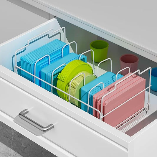 Metal 2-Tier Food Container Lid Organizer – MAYZOLOP Lid Organizers Inside Cabinet with 8 Adjustable Shelf for Kitchen Cabinets, Pantry – Keep Your Kitchen Tidy with Sturdy Storage (White)