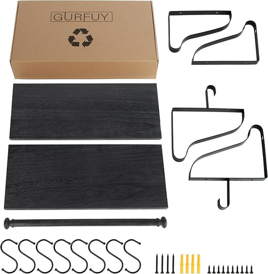 Gurfury Wooden Hanging Pot Rack with 8 hooks - Farmhouse Style Wall Mount Multifunctional Cookware Organizer Rack Kitchen Storage for Pans Utensils (Black)