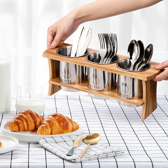Lyellfe Silverware Holder for Countertop, Stainless Steel Cutlery Utensil Organizer with Bamboo Stand, Rustic Flatware Holder for Spoon, Fork, and Knife