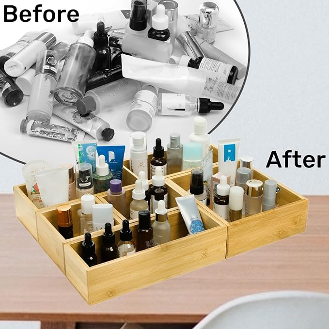 5 Pieces Bamboo Drawer Organizer, Multi-Use Individual Junk Tea Storage Drawer Tray Set with Removable Dividers, Adjustable Cutlery Utensils Holder Bin for Kitchen, Office, Bathroom