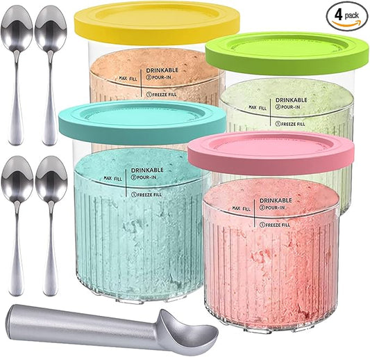 Creami Pint Containers Replacement for Ninja Creami Pints and Lids - 4 Pack 24oz Creamy Icecream Cups Compatible with Ninja NC500 & NC501 Series Deluxe 11-in-1 Ice Cream Maker, Dishwasher Safe
