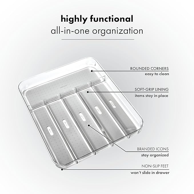 madesmart Silverware Tray - Large | Light Grey | Clear Soft Grip Collection | 6-compartment | Soft-grip Lining | Non-slip Feet | BPA-free