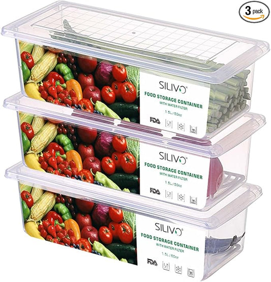 SILIVO Fruit Storage Containers for Fridge (3 Pack) - 1.5L Produce Saver Containers for Refrigerator with Removable Drain Tray Keep Fresh for Produce, Bacon, Fruits and Vegetables