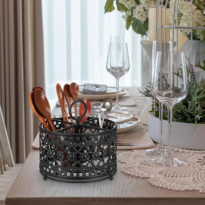 360° Rotating Utensil Caddy Countertop - Cutlery Silverware Caddy Holder with 4 Compartment - Higher Raised Flatware Organizer with Handle for Party Kitchen Counter Office Black