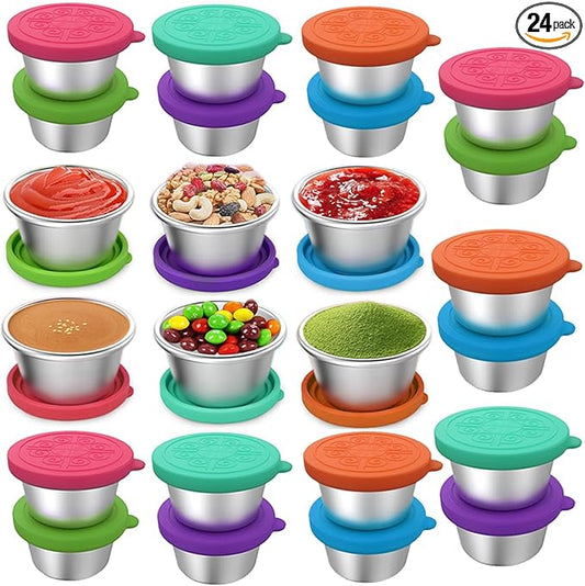 24 Pack Salad Dressing Container To Go 2.4oz Small Condiment Containers with Leakproof Silicone Lids Reusable Stainless Steel Sauce Cups for Office Lunch Bento Box Picnic Meal Prep Travel Party