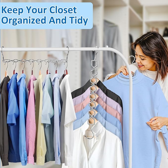 12 Pack Space Saving Hangers for Clothes, Heavy Duty 30Lbs Capacity Magic Collapsible Clothes Space Saver Metal Hanger Organizer with 360° Swivel Hook, Closet Organizers Storage Dorm Essentials Silver