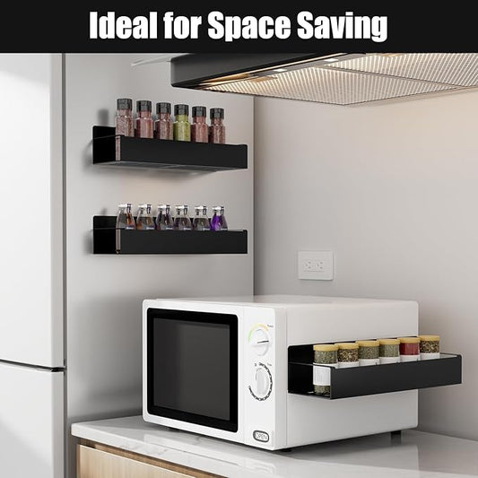 Homaxy Magnetic Spice Rack for Refrigerator，Fridge Organizer for Kitchen Organization and Storage, 4 Pack (Black) Metal Shelf with 8 Moveable Hooks