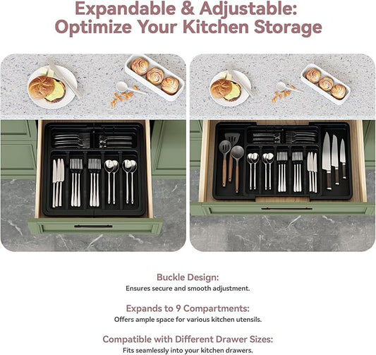 Silverware Organizer, Expandable and Adjustable Kitchen Utensil Drawer Organizer, Plastic Cutlery Holder with Multiple Compartments, Cutlery Holder,for Spoons Forks Knives, Black, UAFD011B