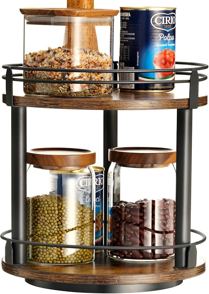 Lazy Susan Organizer 2 tier Rotating Spice Racks, Lazy Susan 360 Degree Turntable Spice Holder Rack for Cabinet and Kitchen Countertop, Rustic Brown