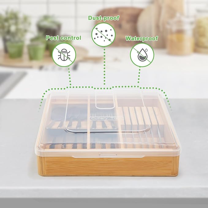 Bamboo Silverware Tray with Lid, Compact Bamboo Utensil Organizer for Kitchen Drawers Countertop, Dust-proof Sturdy Flatware Organizers and Storage Holder with Labels, Steak Knife Block