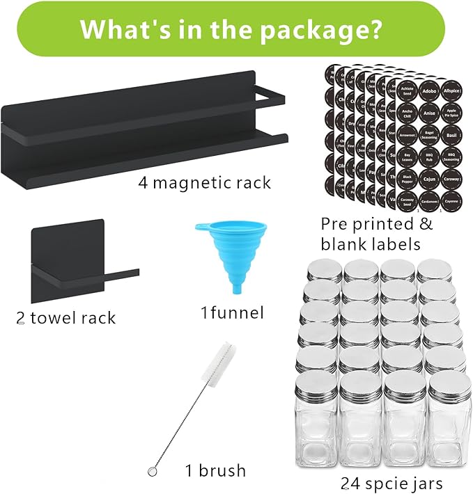 Magnetic Spice Rack with Jars Magnetic Spice Rack for Refrigerator 24 Spice Jars with Label Magnetic Shelves for Fridge 4 Pack Black