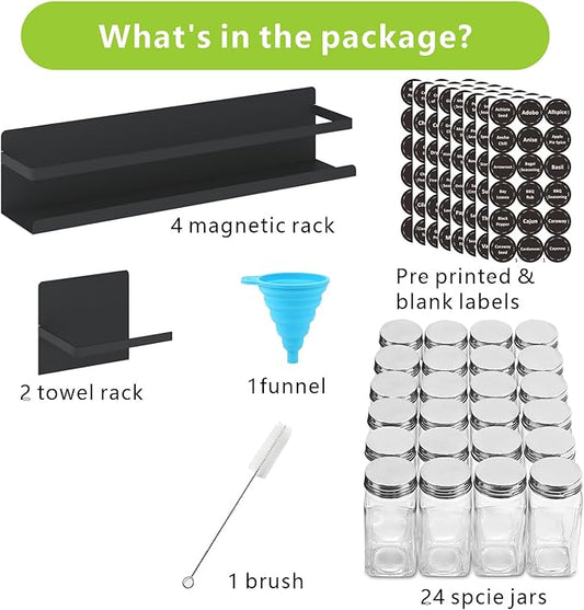 Magnetic Spice Rack with Jars Magnetic Spice Rack for Refrigerator 24 Spice Jars with Label Magnetic Shelves for Fridge 4 Pack Black