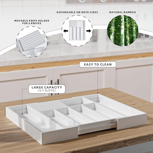 Silverware Drawer Organizer Bamboo Knife Organizer Drawer Insert Expandable Utensil Holder for Kitchen Drawer Flatware Holder W12.8-20.2" x L16 x H2 (White)