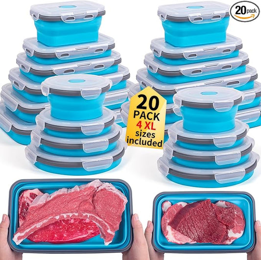 Collapsible Food Storage Containers with Lids 20 Pack(81oz/58oz Extra Large Included), 12 Rectangular+8 Round, Annaklin Silicone Collapsible Food Containers Sets Microwave Freezer Dishwasher Safe Blue