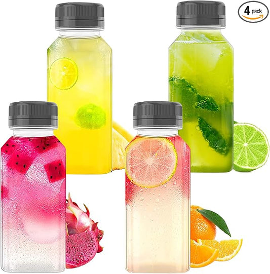 10 OZ Plastic Juice Bottles, Reusable Bulk Beverage Containers, for Juice, Milk and Other Beverages, 4 Pcs.