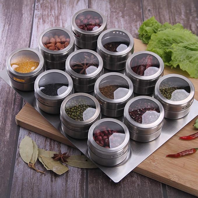 12 Magnetic Spice Jar Containers Spice Tins - Wall Mounted Stainless Steel Base - Easy to Install
