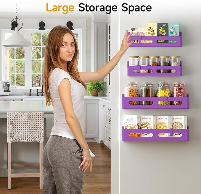 4 Pack Magnetic Spice Rack for Refrigerator, Spice Rack Organizer, Moveable Magnetic Shelf Fridge Organizer with 4 Hooks for Kitchen and Oven Organization, Black, Purple
