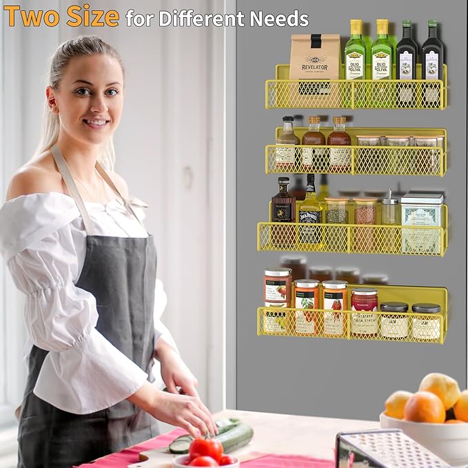 Magnetic Spice Rack for Refrigerator, 4 Pack 100% Metal Strong Magnet Fridge Shelves, Space Saving Spice Organizer, No Drilling Moveable Home Kitchen Laundry Room Storage Organization, Yellow