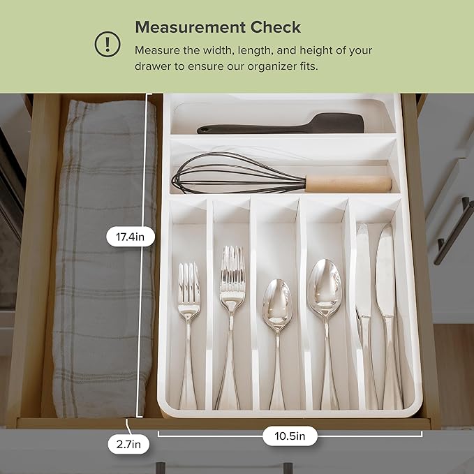 Silverware Organizer - Cutlery, Flatware, and Utensil Holder for Kitchen Drawers, Fixed 10.5” Width, 7 Storage Compartments, Non-Slip Feet, Rounded Corners, 100% Bamboo, White Finish