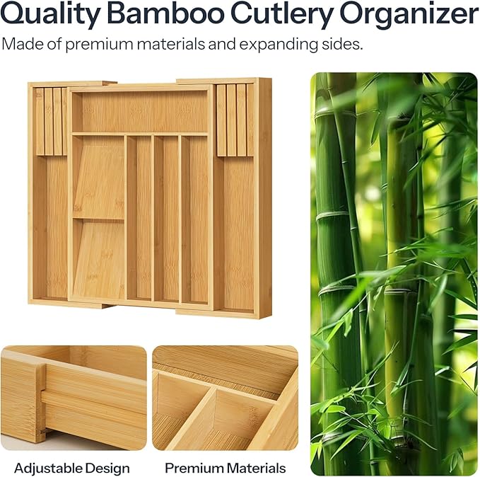 HOOBRO Silverware Organizer Kitchen Drawer Organizer, Expandable Utensil Drawer Organizer, with 2 Knife Block, Bamboo Cutlery Tray with Divider for Flatware and Kitchen Utensils, Natural YL06TL01