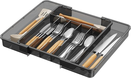 Lifewit Silverware Organizer for Kitchen Drawer, Expandable Utensil Tray for Spoons Forks Knives, Adjustable Flatware Cutlery Holder Storage, Large, Black