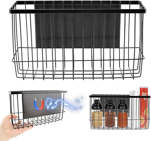 Magnetic Spice Rack for Refrigerator, Magnetic Basket Organizer Shelf Rack, Kitchen Moveable Magnetic Storage Holder, Office File Plastic Food Wrap Spice Pegboard Holder