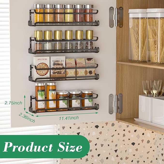 LUCYCAZ 4 Pack Wall Mounted Spice Rack with 16 Hooks, Spice Organizer for Cabinet Pantry Door,Screw or Adhesive Spice Shelf Hanging Wall Spice Rack in Kitchen and RV (Black, 4 PACK)