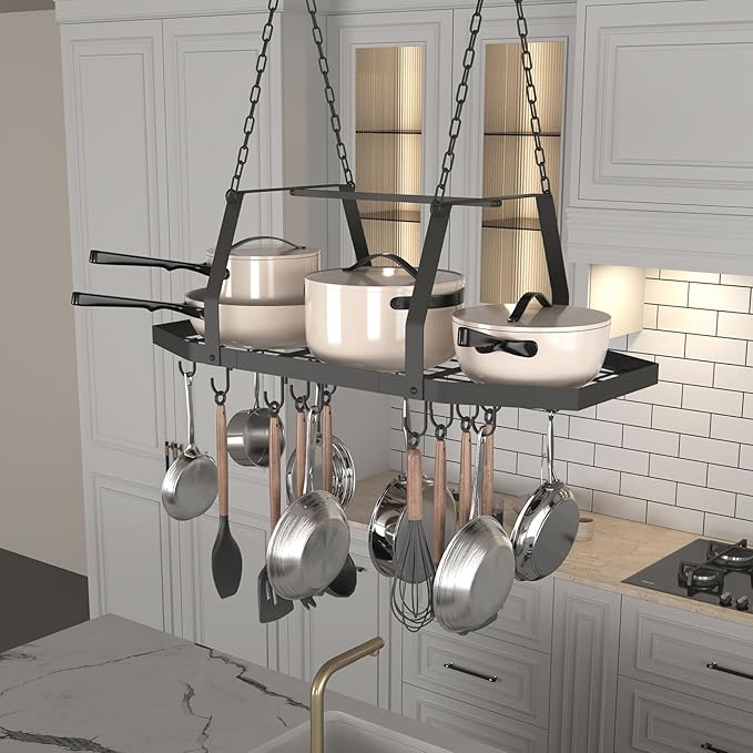 Hexagon Ceiling Pot Rack Hanging Pan Rack Hanging with 15 Hooks, 34" Metal Hanging Pots and Pans Ceiling Mount Organizer Rack, Pot and Pan Hangers for Kitchen Cookware Utensils