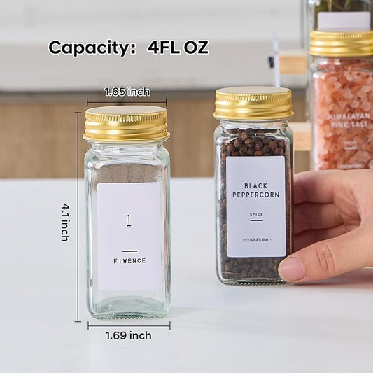 48 Pcs Glass Spice Jars with 576 Labels, 4oz Empty Square Spice Containers,Seasoning Bottles with Gold Metal Caps - Shaker Lids, Funnel and Chalk Pen Included