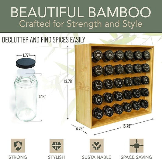 | Bamboo Spice Rack Organizer | 30 4 oz Spice Jars | 720 Labels | Funnel | Cabinet | Countertop | Pantry | Wall Mount
