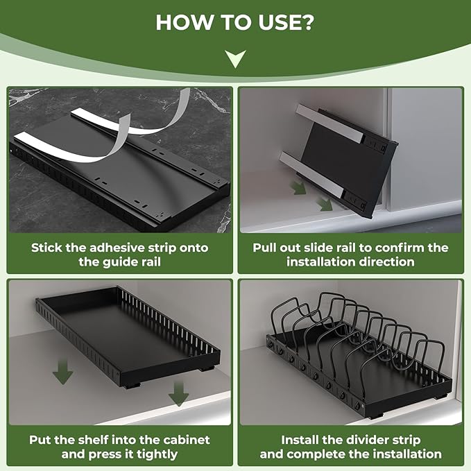 Pots and Pans Organizer Under Cabinet, 8-Tier Sliding Adjustable Pan Organizer Rack and Pot Lid Holder, Pull out Pot Lid Organizer for Cabinet, Kitchen Cabinet Organization and Storage (2pcs-Black)