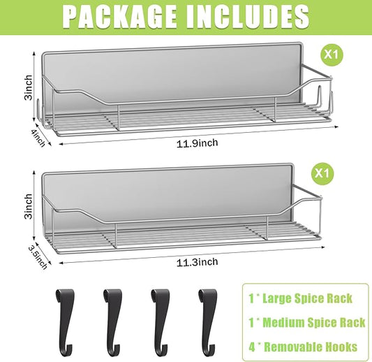 Magnetic Spice Rack for Refrigerator, 2 Pack Strong Magnet Spice Organizer Shelves with Hooks, Magnetic Fridge Shelf for Kitchen Organization and Storage, Seasoning Organizer Gadgets (Grey)